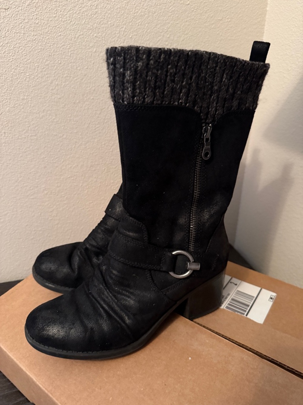 BareTraps Black Mid-Calf Boot with Gray Knit Cuff